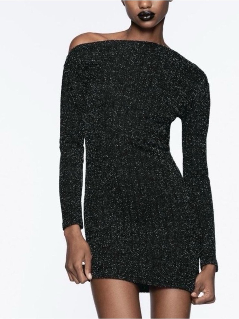 New Zara Off-Shoulder Black Sparkle Bodycon Dress